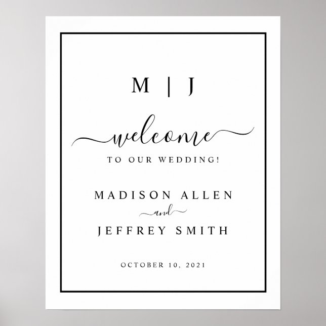 Black White Monogram Minimalist Wedding Sign (Front)