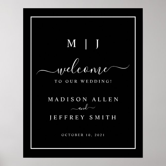 Black White Monogram Minimalist Wedding Sign (Front)