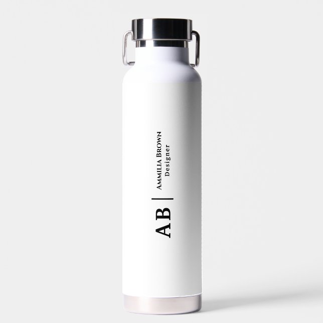 Black & White Monogram | Modern Minimalist Design Water Bottle (Front)