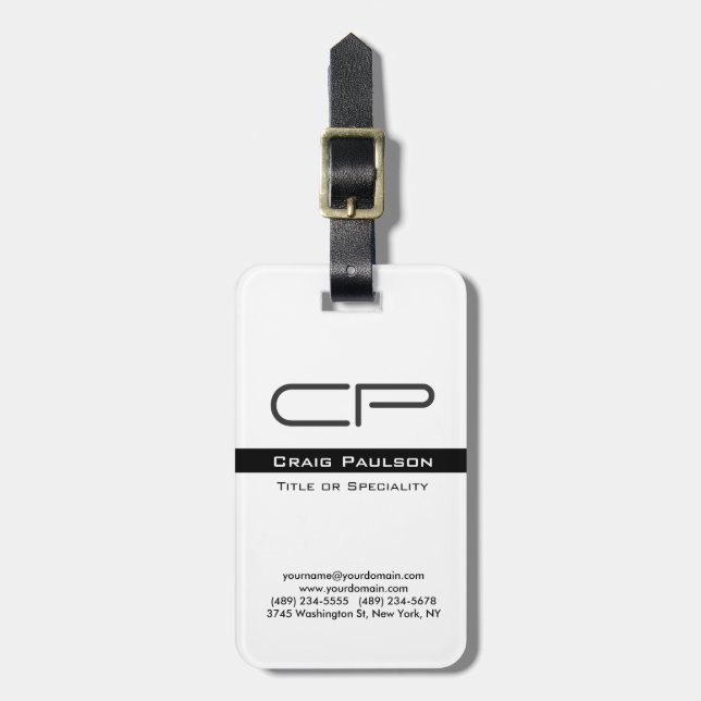 Black White Monogram Name Address Details Luggage Tag (Front Vertical)