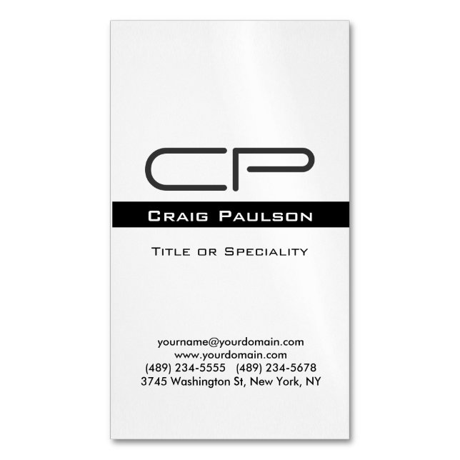 Black White Monogram Name Address Details Magnetic Business Card (Front Vertical)