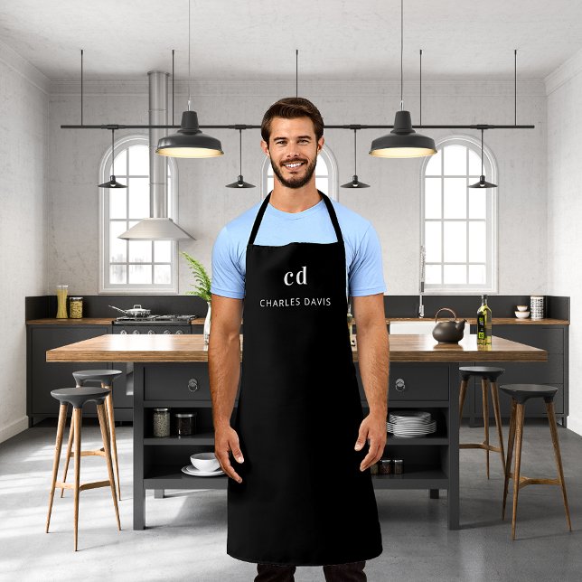 Black white monogram name business apron (Creator Uploaded)