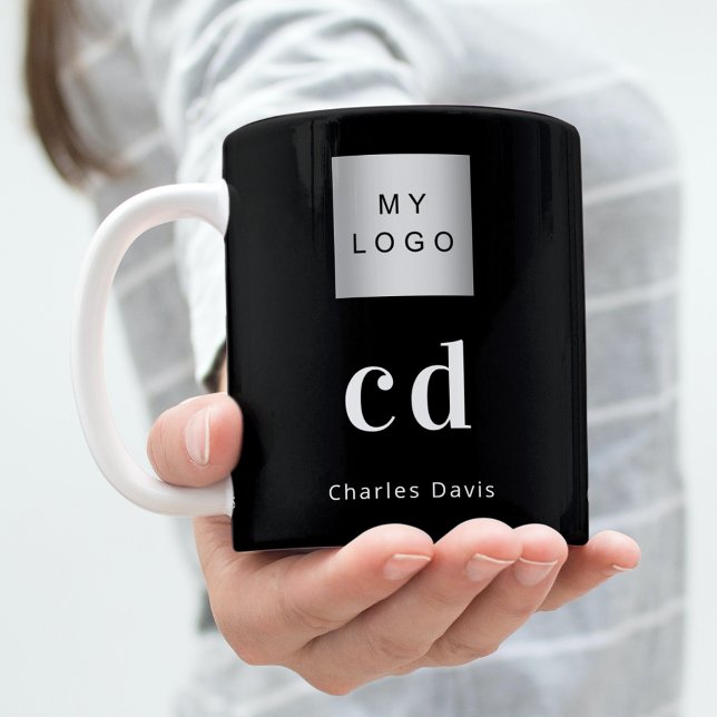 Black white monogram name business coffee mug (Creator Uploaded)