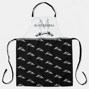 Black White Monogram Name Lobster Pattern Apron