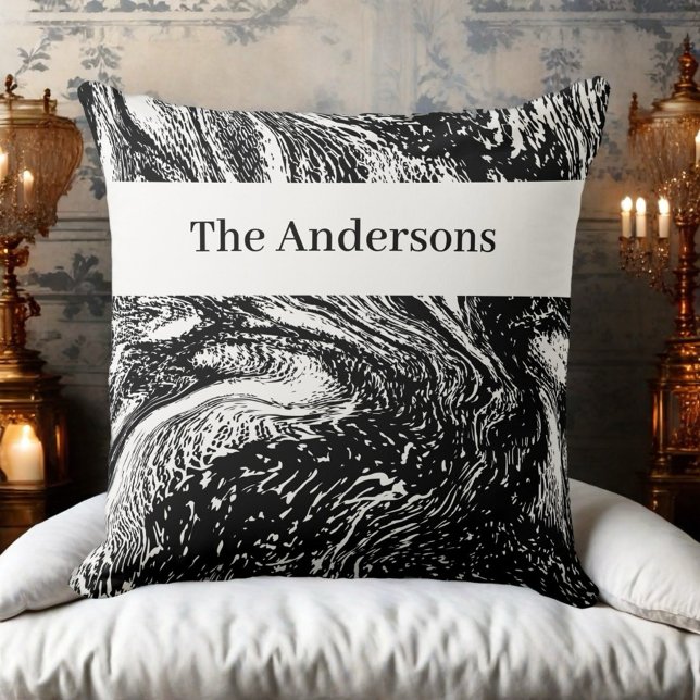 Black white monogram name marble abstract line art cushion (Creator Uploaded)