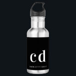 Black white monogram name modern minimalist 532 ml water bottle<br><div class="desc">A classic black background. White coloured text. Personalise and add your monogram initials and your name. For both him and her.</div>