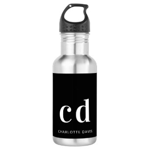 Black white monogram name modern minimalist 532 ml water bottle