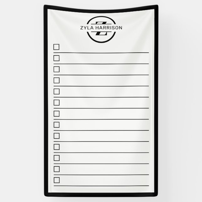Black White Monogram Name To Do List Dry Erase Banner (Vertical)