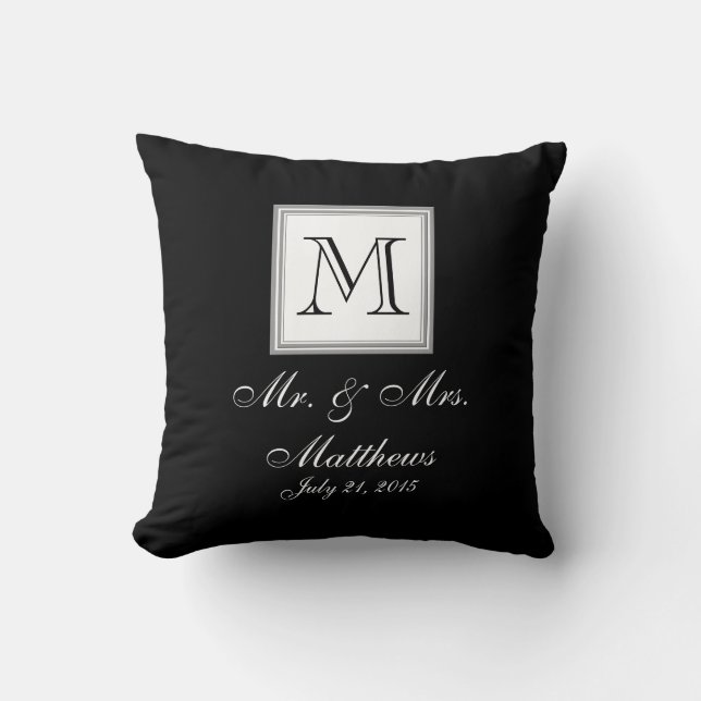 Black White Monogram Names Wedding Keepsake Pillow (Front)
