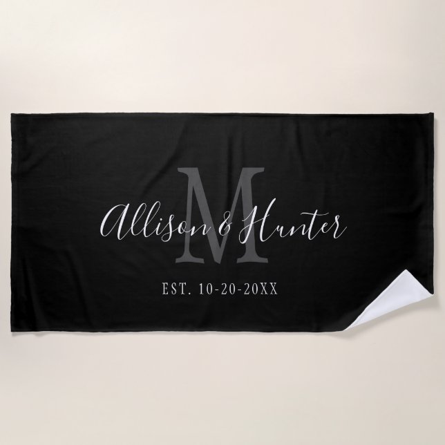 Black White Monogram Newlywed Wedding Personalised Beach Towel (Front)