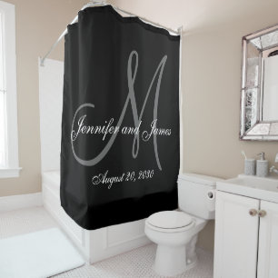 Black White Monogram Newlyweds Names Wedding Shower Curtain