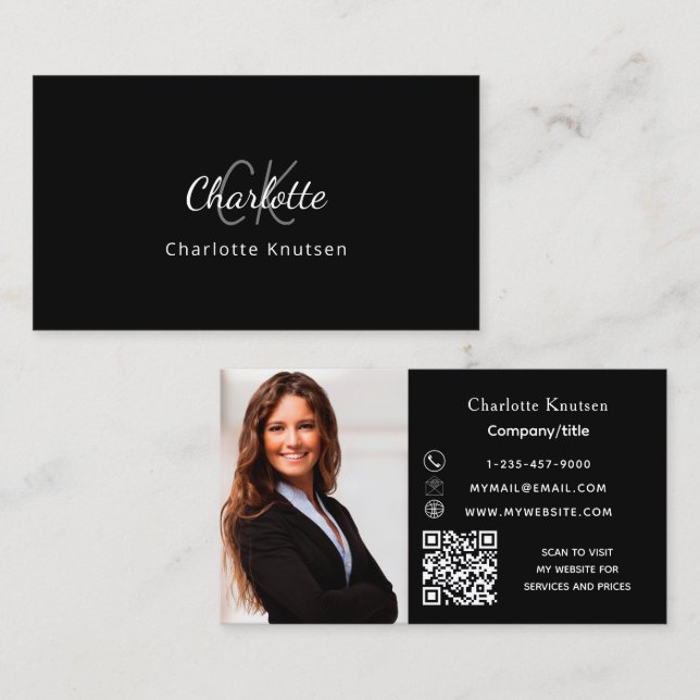 Black white monogram photo Qr code Business Card (Front/Back)