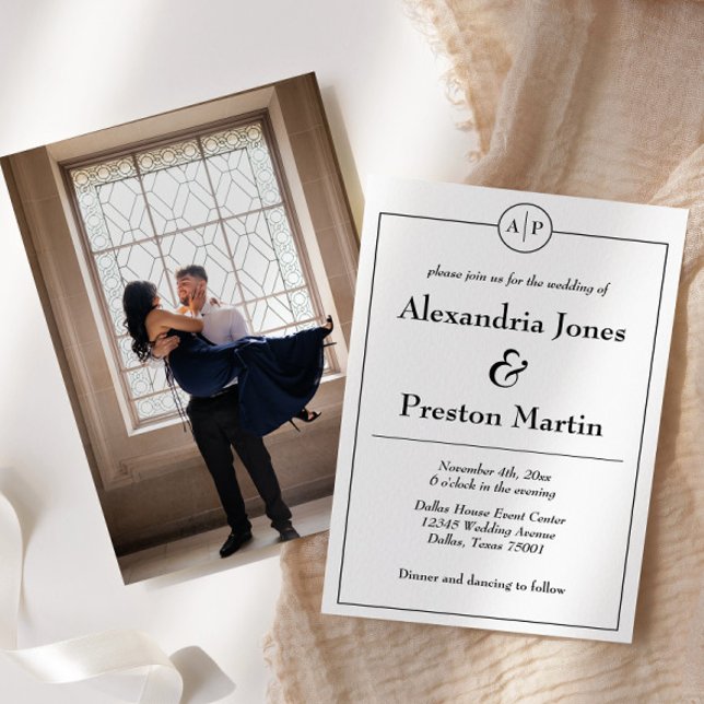 Black & White Monogram Photo Wedding Invitation (simple monogram elegant wedding invitation with engagement photo on back)