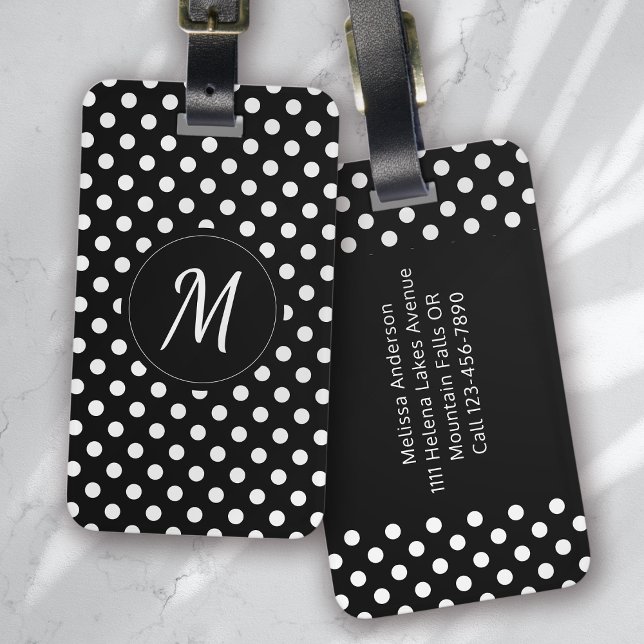 Black White Monogram Polka Dots Luggage Tag (Creator Uploaded)