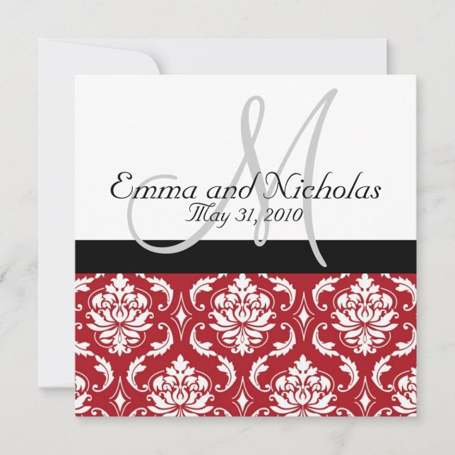 Black White Monogram Red Damask Wedding Invite (Front)