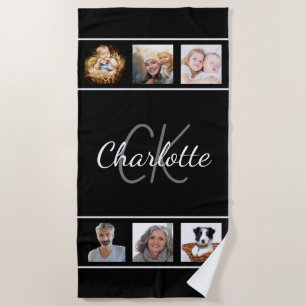Black white monogram script photo collage beach towel