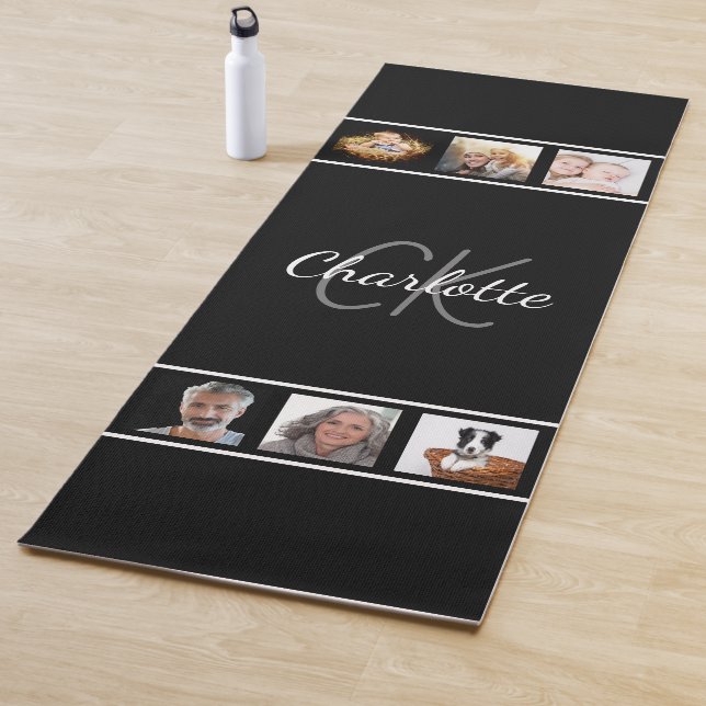 Black white monogram script photo yoga mat (In Situ)