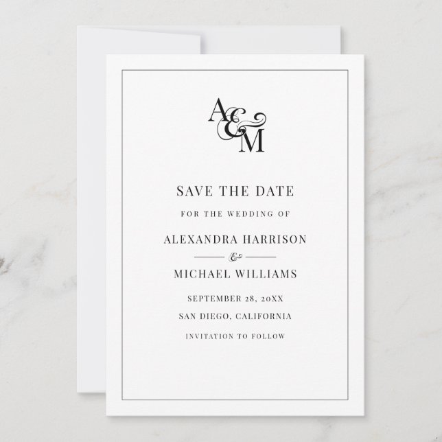 Black White Monogram Simple Elegant Modern Wedding Save The Date (Front)