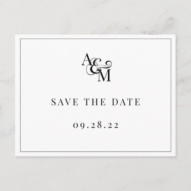 Black White Monogram Simple Elegant Save The Date Invitation Postcard (Front)