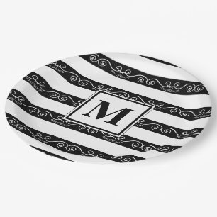 Black White Monogram striped design Paper Plate