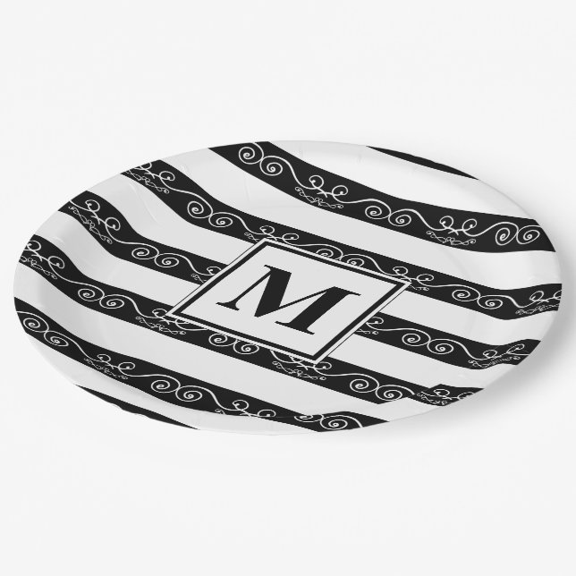 Black White Monogram striped design Paper Plate (Angled)