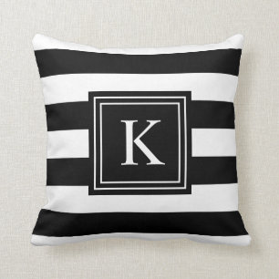 Black & White Monogram Striped   Throw Pillow
