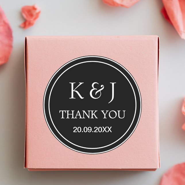 Black & White Monogram Thank You Wedding Favour Classic Round Sticker (Creator Uploaded)
