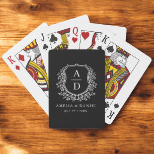 Black White Monogram Wedding Floral Crest Playing Cards