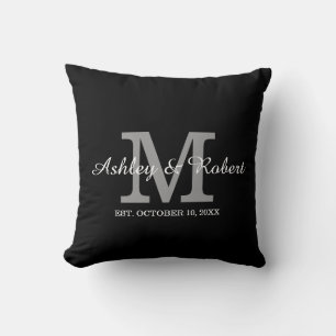 Black White Monogram Wedding Keepsake Names Date Cushion