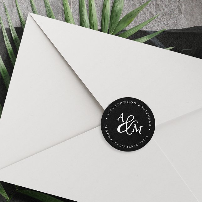 Black & White Monogram Wedding Return Address Classic Round Sticker (Creator Uploaded)