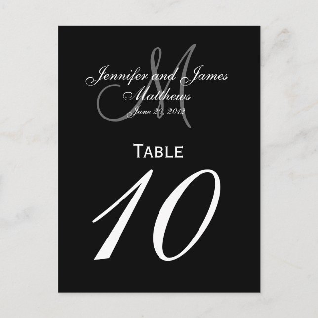 Black White Monogram Wedding Table Number Cards (Front)