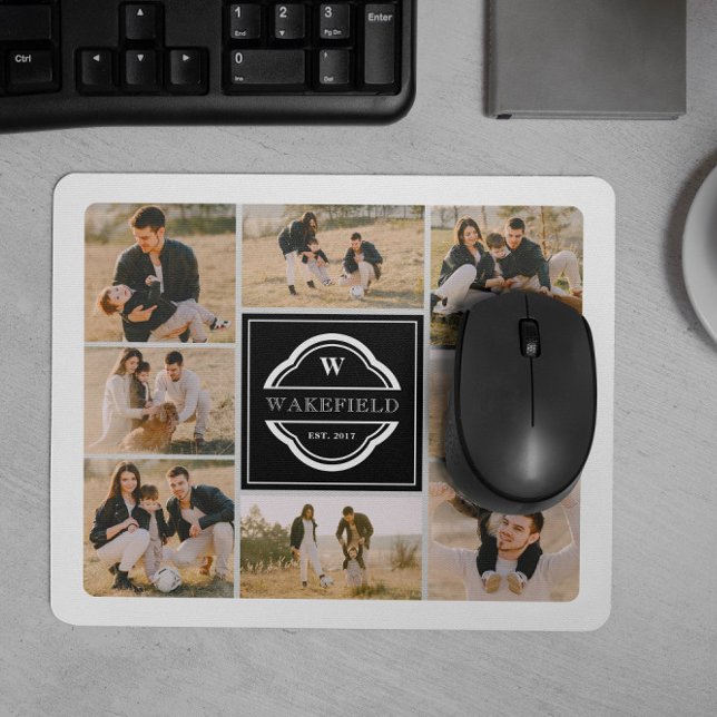 Black White Monogram & Year Photo Collage Mouse Pad (Creator Uploaded)