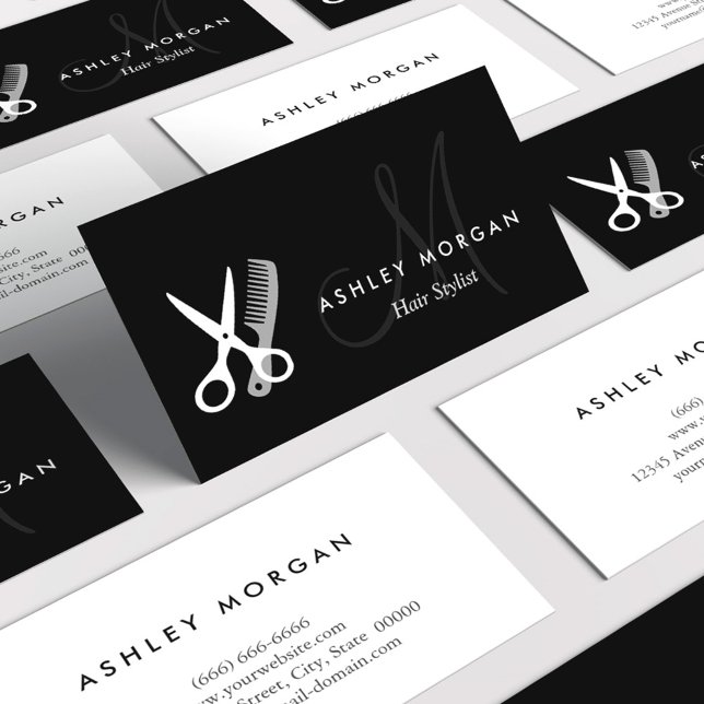 Black White Monogrammed - Hair Salon Hairstylist Business Card (Creator Uploaded)