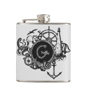 Black & White Monogrammed Nautical Theme Hip Flask
