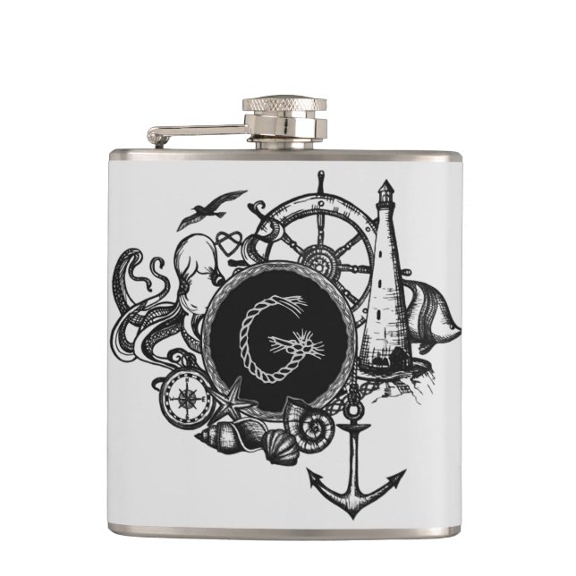 Black & White Monogrammed Nautical Theme Hip Flask (Front)