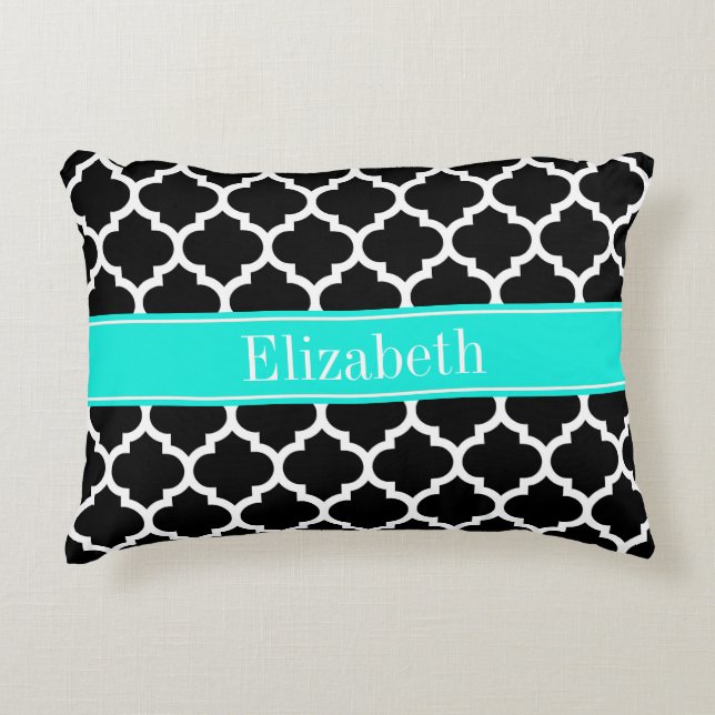 Black White Moroccan #5 Brt Aqua Name Monogram Decorative Cushion (Front)