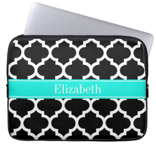 Black White Moroccan #5 Brt Aqua Name Monogram Laptop Sleeve