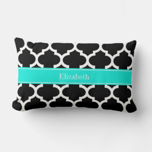 Black White Moroccan #5 Brt Aqua Name Monogram Lumbar Cushion