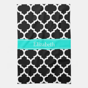 Black White Moroccan #5 Brt Aqua Name Monogram Tea Towel