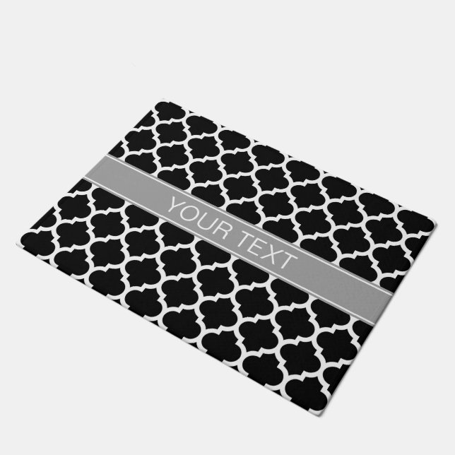 Black White Moroccan #5 Dark Grey Name Monogram Doormat (Angled)