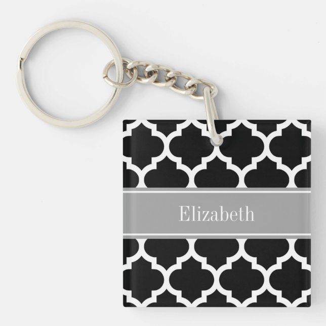 Black White Moroccan #5 Dark Grey Name Monogram Key Ring (Front)