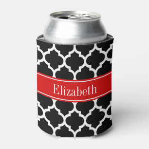 Black White Moroccan #5 Red Name Monogram Can Cooler
