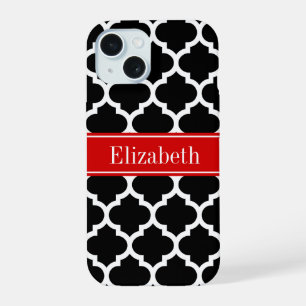 Black White Moroccan #5 Red Name Monogram iPhone 15 Case