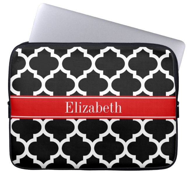 Black White Moroccan #5 Red Name Monogram Laptop Sleeve (Front)