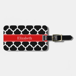 Black White Moroccan #5 Red Name Monogram Luggage Tag