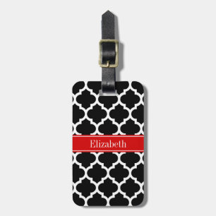 Black White Moroccan #5 Red Name Monogram Luggage Tag
