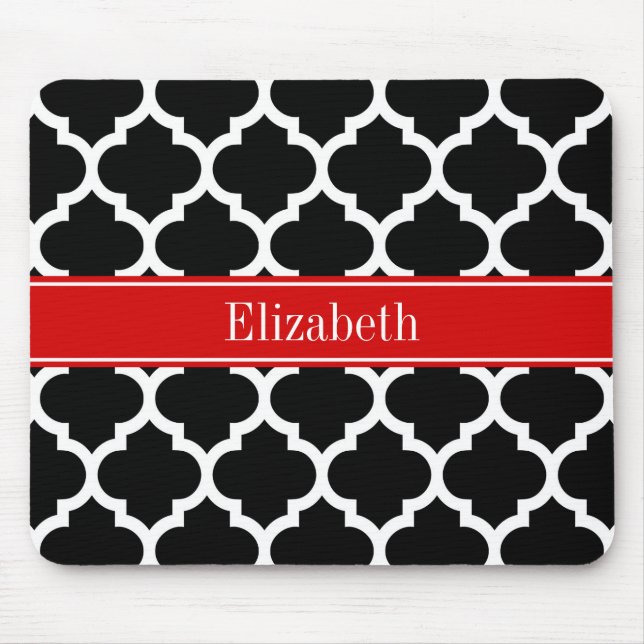 Black White Moroccan #5 Red Name Monogram Mouse Pad (Front)