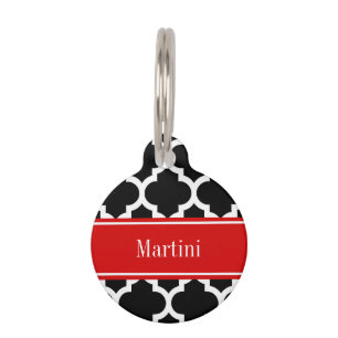 Black White Moroccan #5 Red Name Monogram Pet Tag