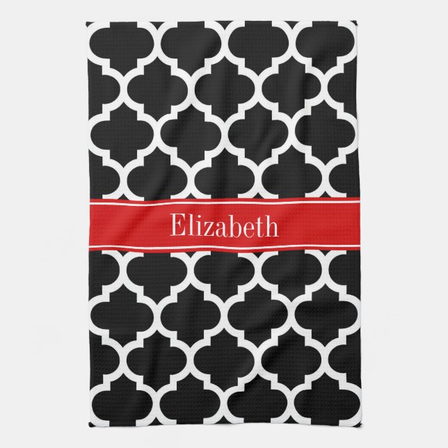 Black White Moroccan #5 Red Name Monogram Tea Towel (Vertical)