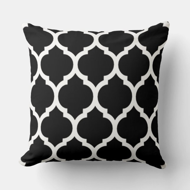 Black White Moroccan lattice Quatrefoil Pattern Cushion (Front)